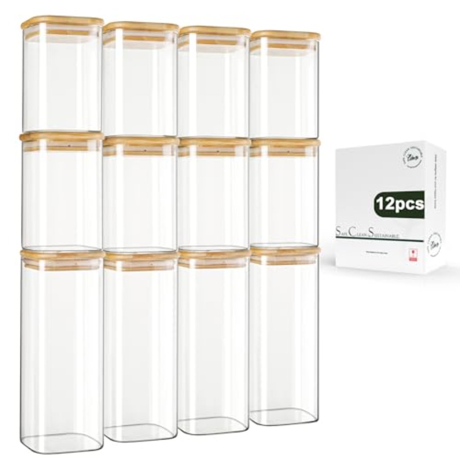 Food Storage Jar Glass - 12-Pack Square Glass Storage Jars with