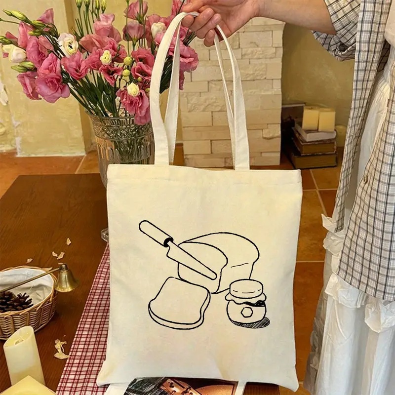 Food Storage Bags Reusable - Bread Jam Line Art Canvas Tote