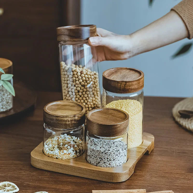 Food Storage Set Glass - Wood Lid Orgnizer Glass Airtight Canister